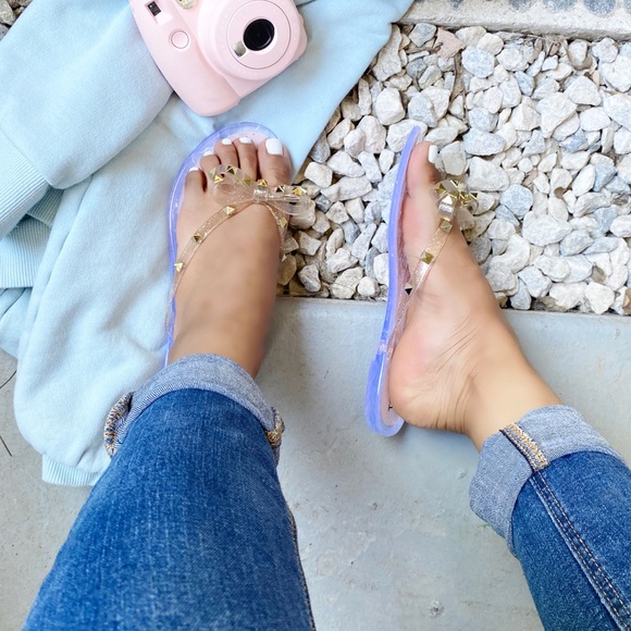 Studded Bow Nude Jelly Thong Flip Flops - Picture 2 of 3